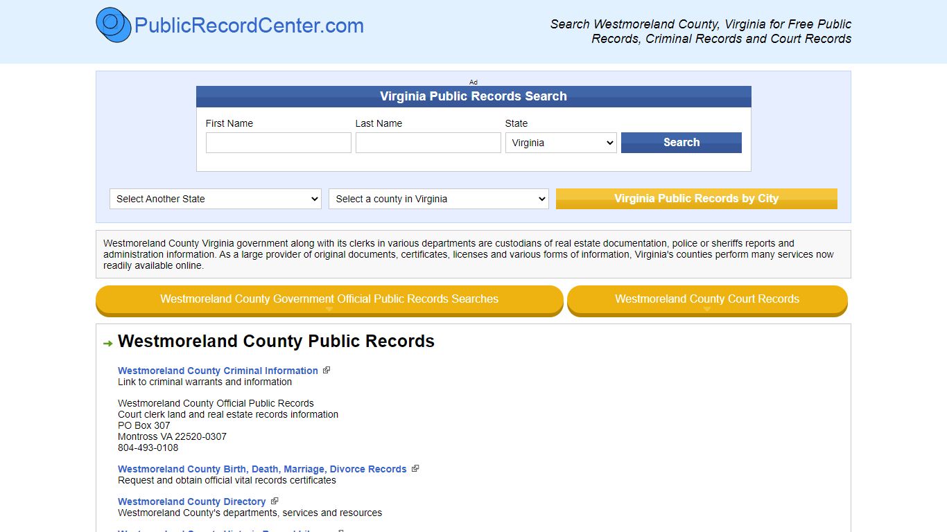 Westmoreland County Virginia Free Public Records - Court Records ...